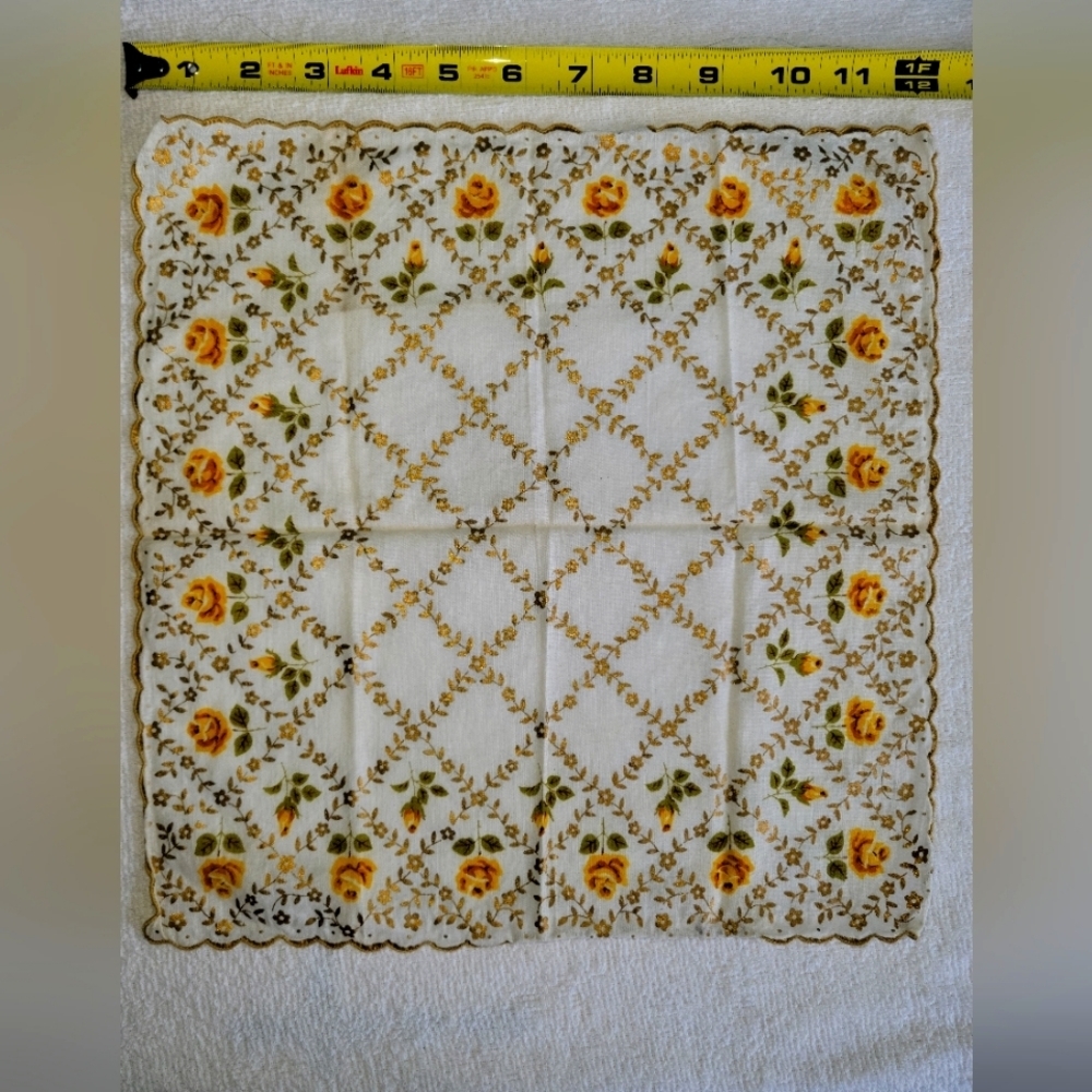 Antique Vintage Handkerchief White Yellow Flowers Gold Leaves  Decorative Trim